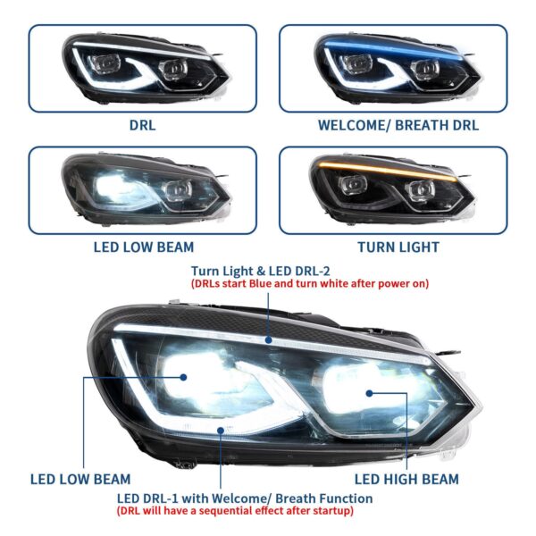 Headlights For 2008 - 2013 Volkswagen Golf 6 MK6 - Image 3