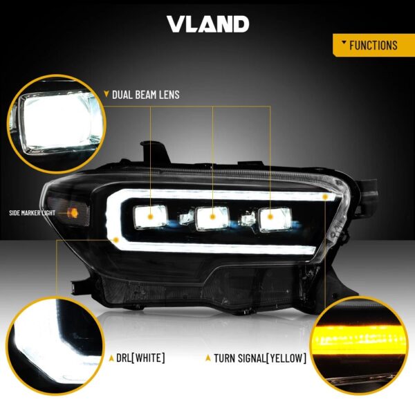 16-23 Toyota Tacoma 3th Gen (N300) Vland LED Matrix Projector HeadLights Black - Image 3