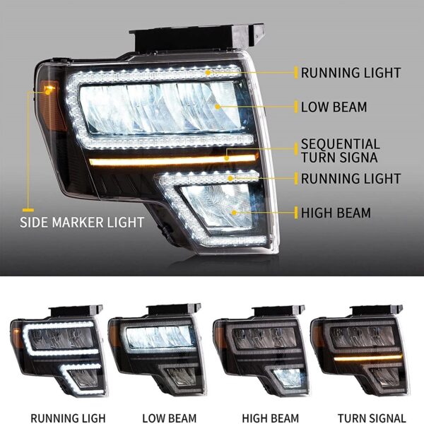 VLAND FULL LED Reflector Headlights W/ Sequential Turn For 2009-2014 Ford F-150 - Image 3